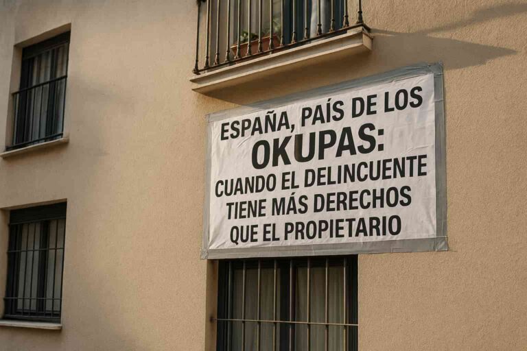 Pancarta colgada en la fachada de un edificio de viviendas con el texto «España, país de los okupas»
